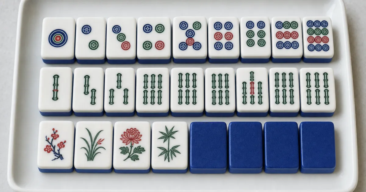 Mahjong-brikker lagt i rækker på en hvid bakke: cirkler, bambus, blomster og fire brikker med bagsiden op