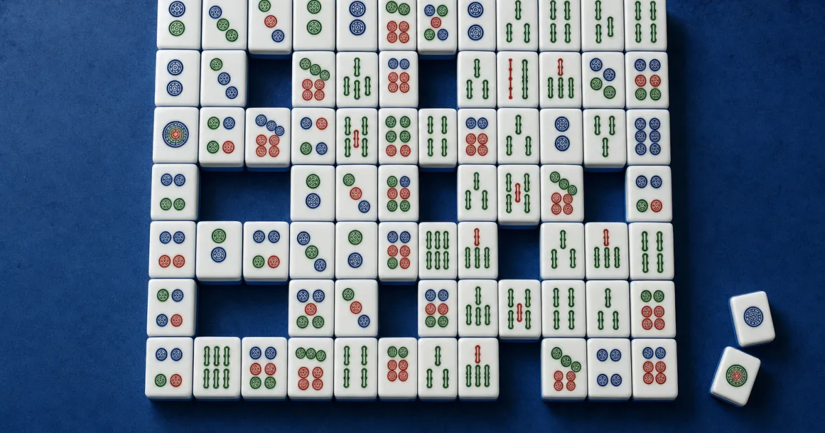 Hvide mahjong-brikker i ét lag i et gitter på et blåt bord, hvor nogle er fjernet, og to ens brikker ligger ved siden af
