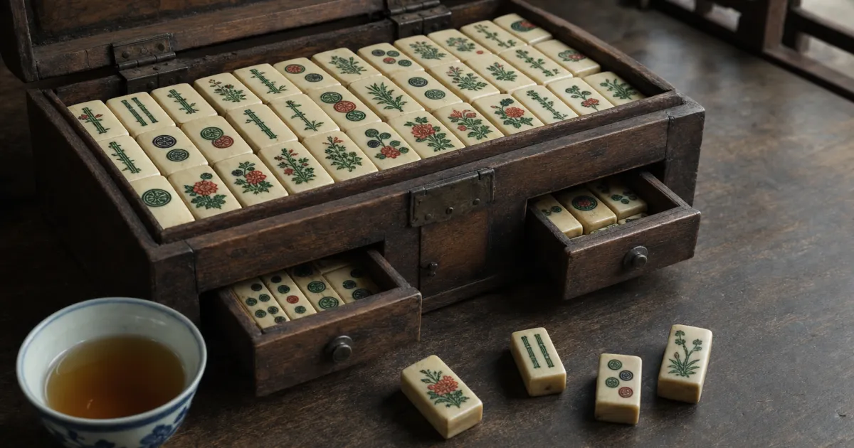 Et gammelt træskrin med mahjong-brikker af ben og bambus ved siden af en kop te i blåt og hvidt porcelæn