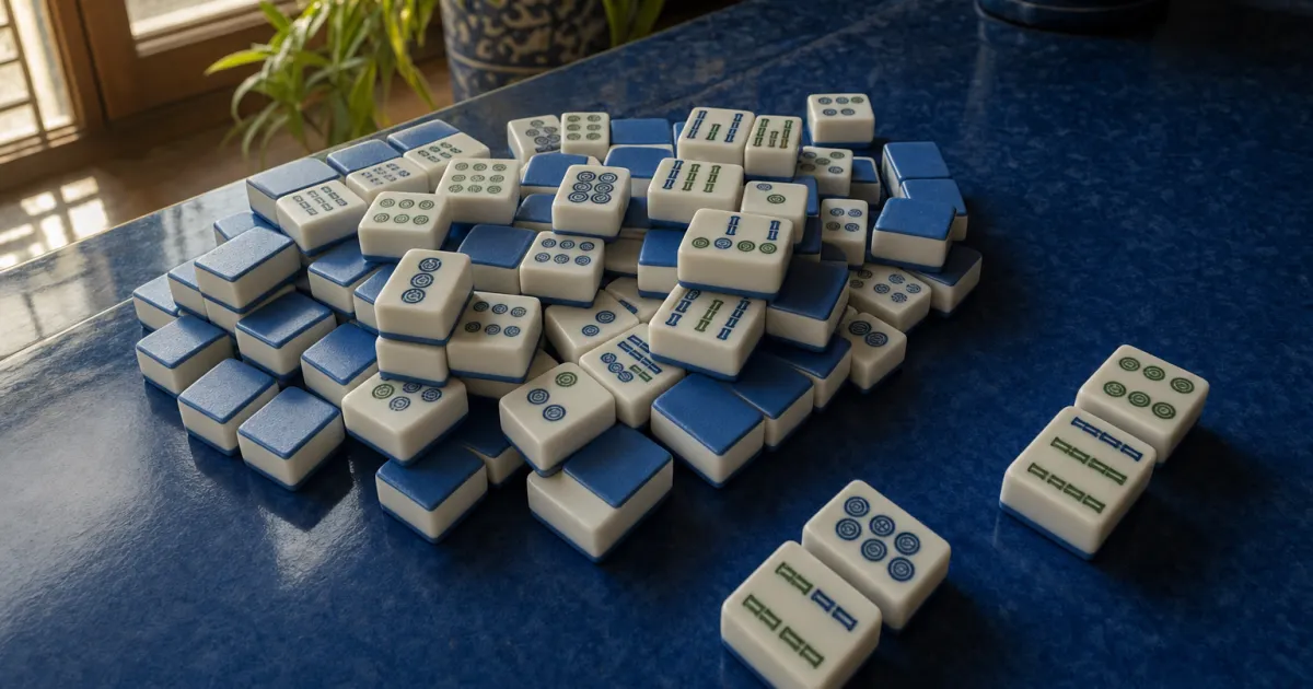 Et halvt ryddet mahjong-bord med nogle par lagt til side