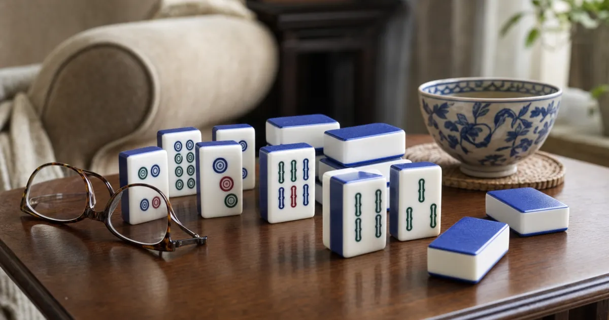 Store hvide mahjong-brikker med blå bagside på et sidebord ved siden af et par læsebriller og en skål i blåt og hvidt porcelæn